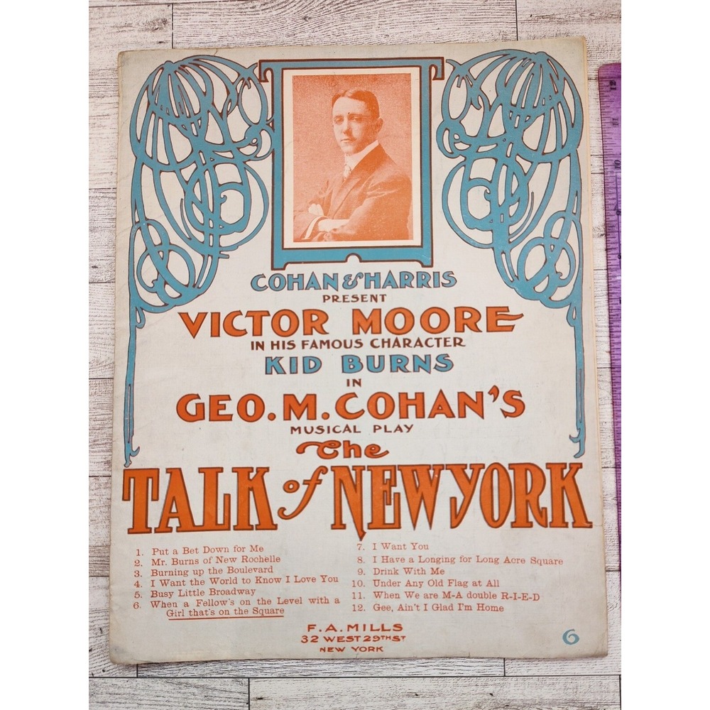 1907 Talk of New York Victor Moore Character‎ Cover Decor Vintage Sheet Music